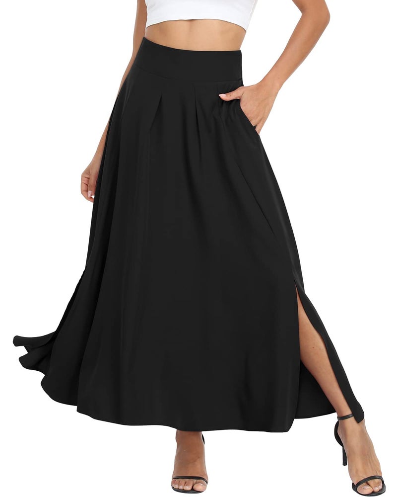 RANPHEE Black Maxi Skirt Women 2026 Dressy Trendy Summer Fashion Clothes High Waisted Flowy Long Pleated A Line Circle Church Skirt with Pockets S - Image 2